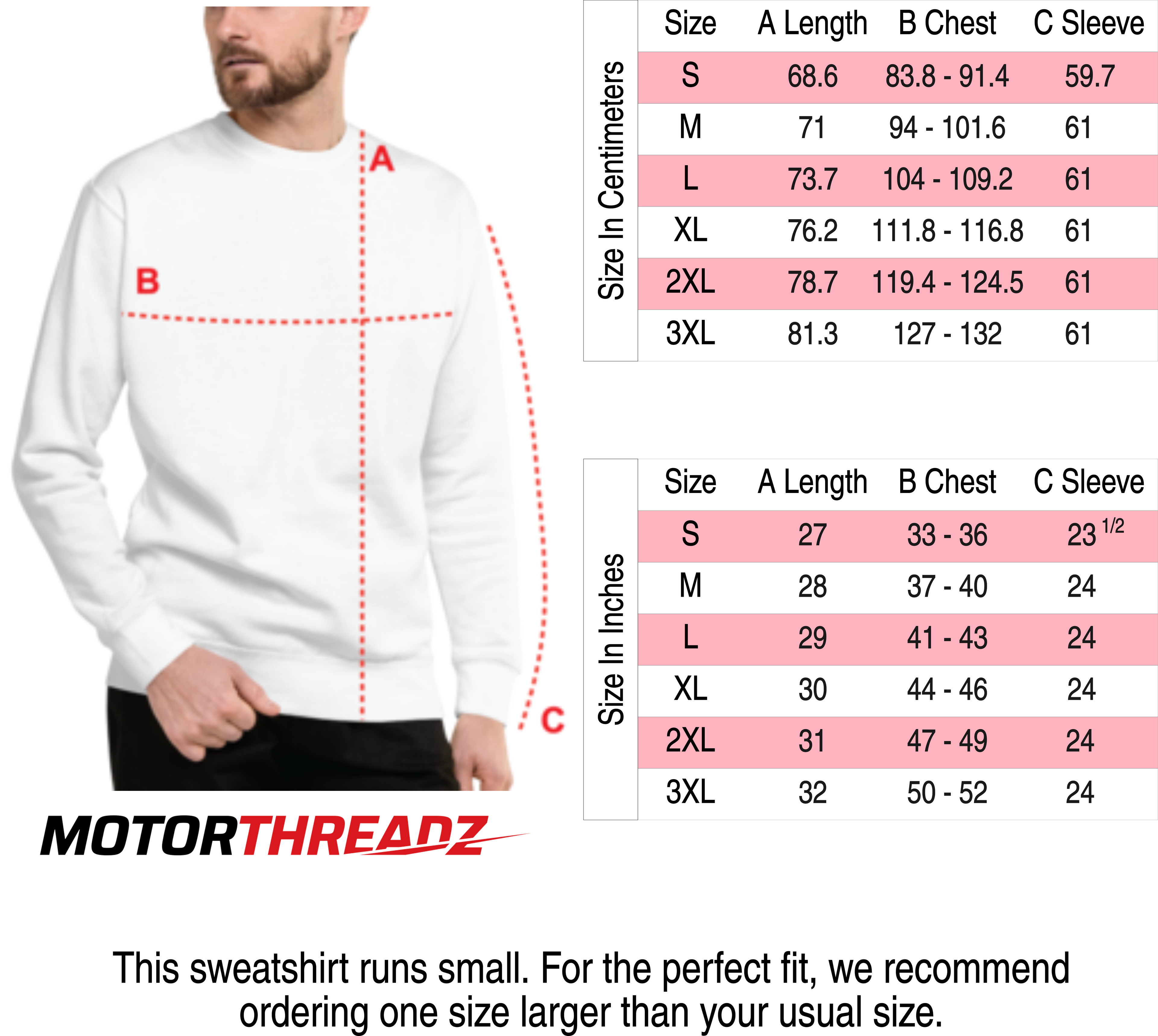 Motorthreadz Sweatshirt size charts on a white background with measurements in centimeters and inches