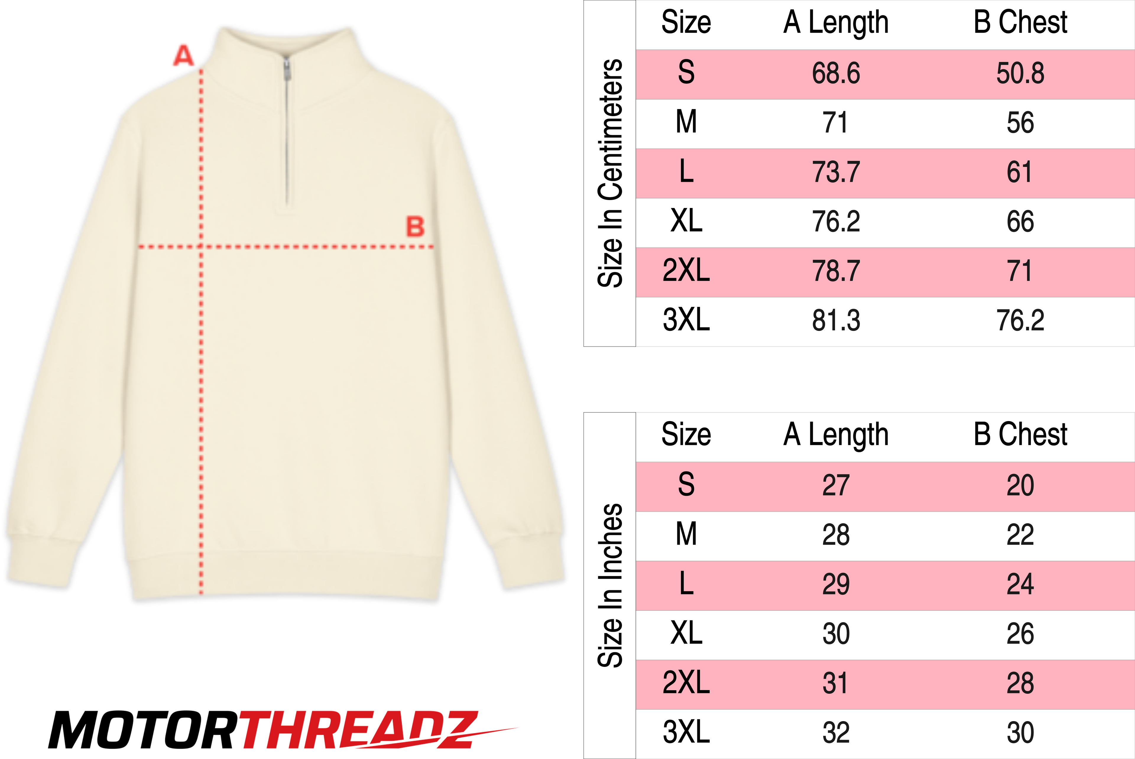 Motorthreadz Quarter Zip Sweatshirt size charts on a white background with measurements in centimeters and inches