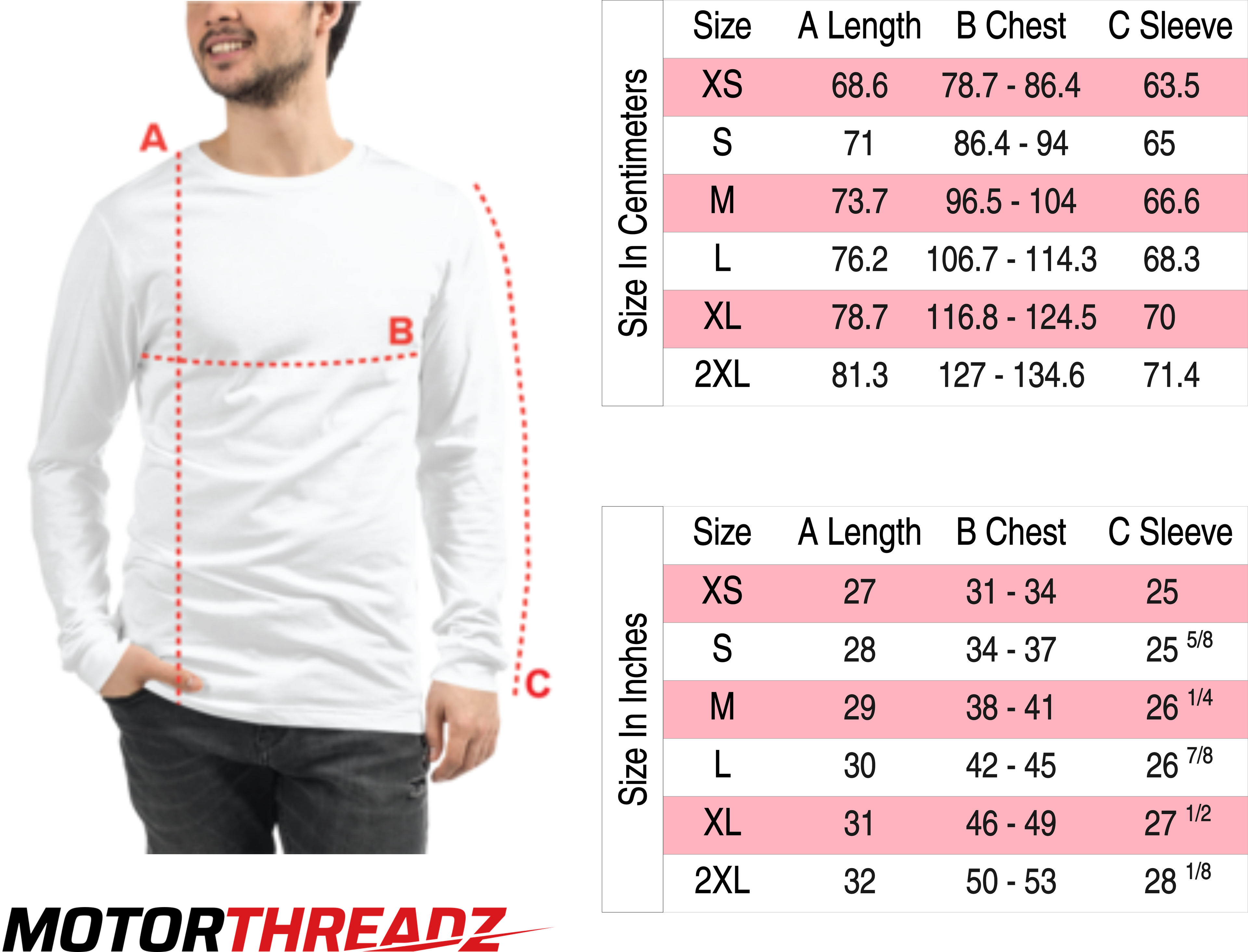 Motorthreadz Long Sleeve T-shirt size charts on a white background with measurements in centimeters and inches