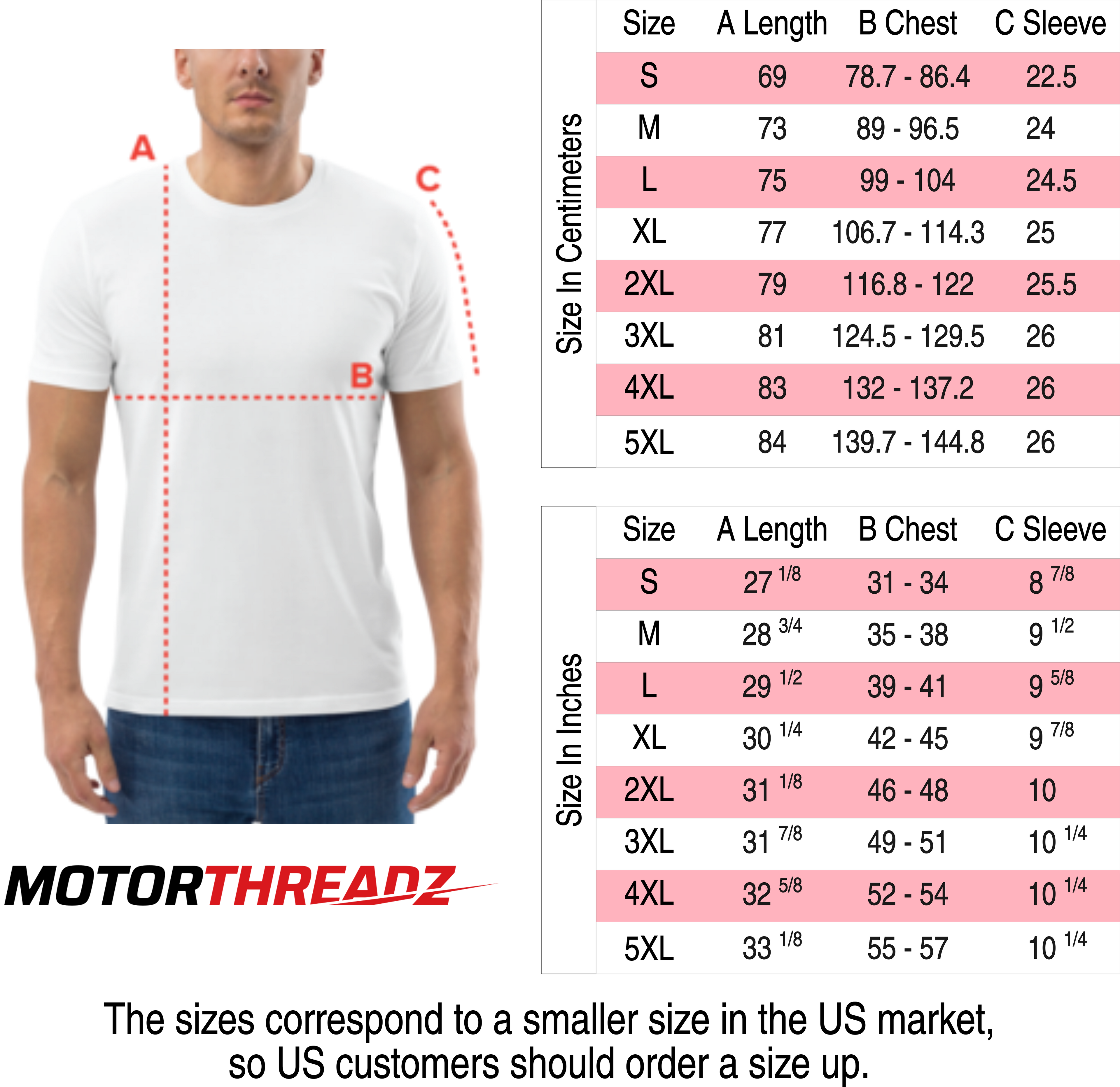 Motorthreadz T-shirt size charts on a white background with measurements in centimeters and inches