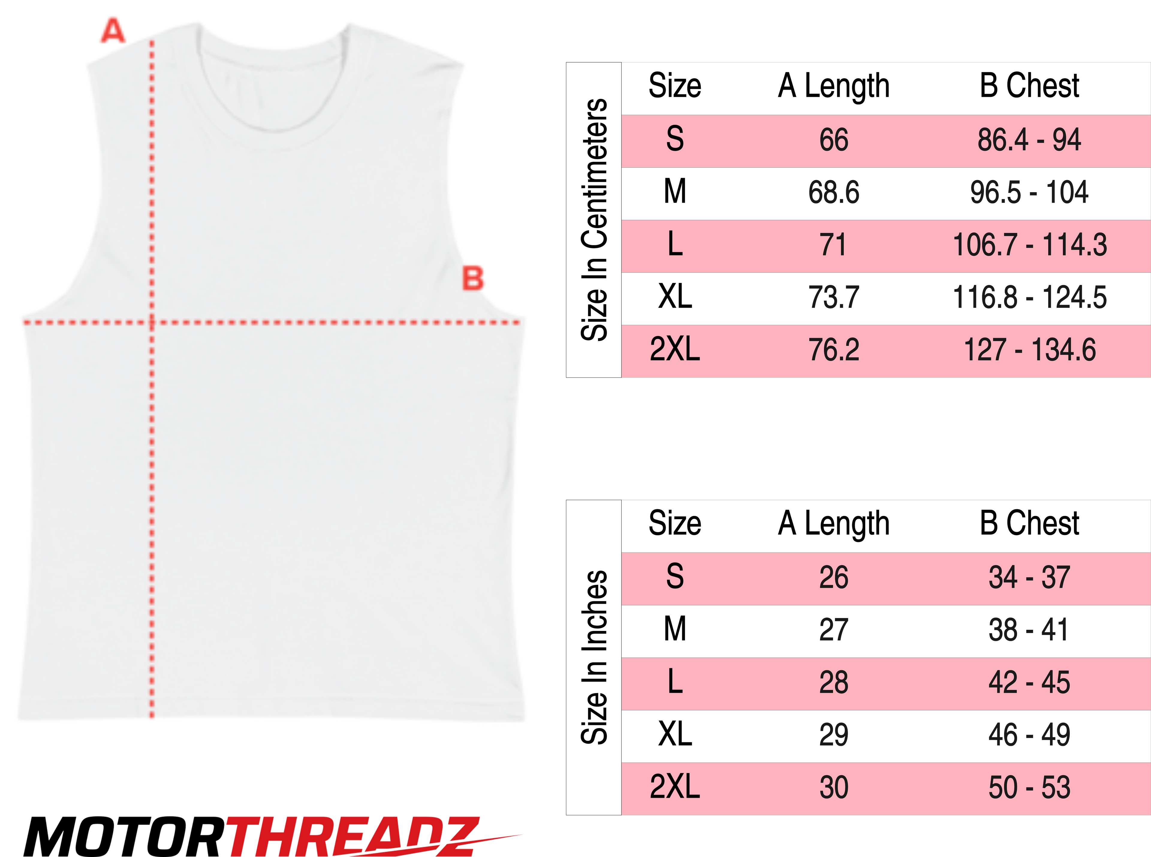 Motorthreadz Muscle Tank Top size charts on a white background with measurements in centimeters and inches