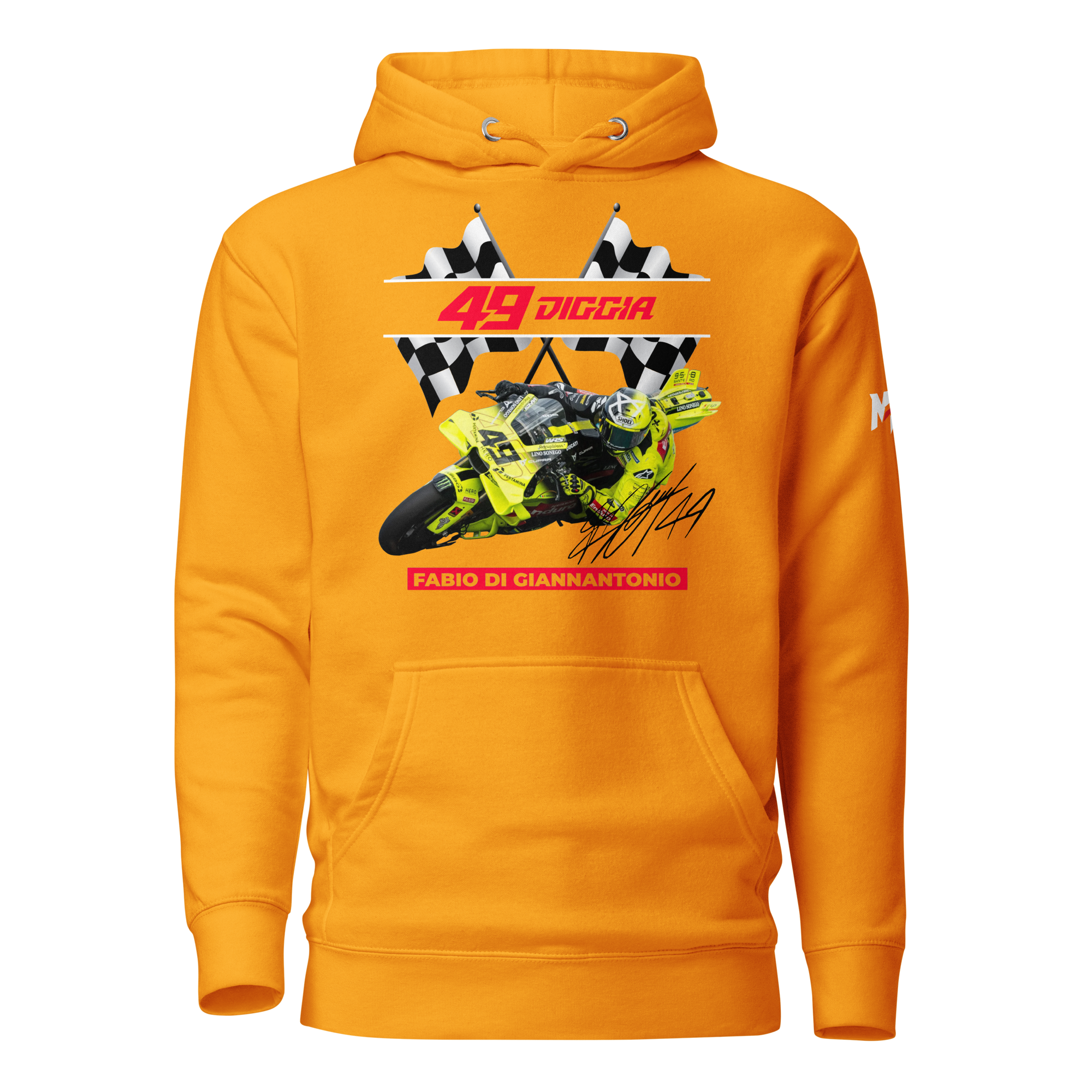 Motorthreadz Fabio Di Giannantonio Motogp hoodie in Team Gold featuring a racing inspired graphic design